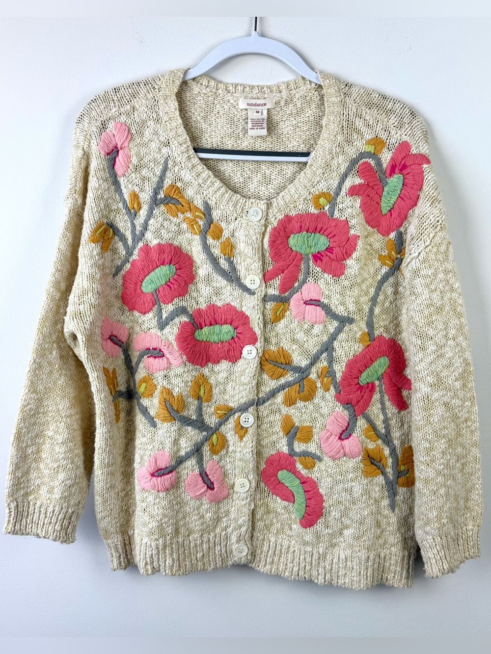 Sundance Embroidered Floral Open Front Button Knit Cardigan Sweater